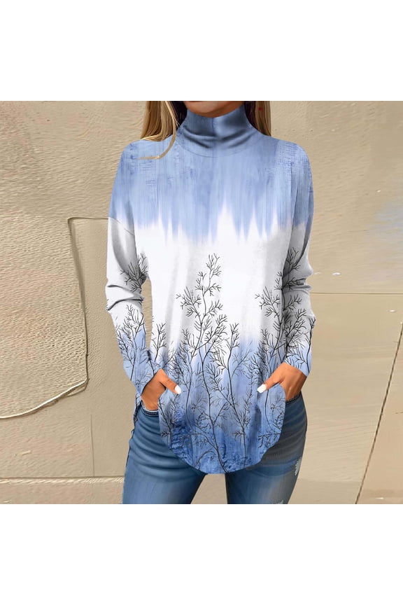 2025 New Product Blouses for Women Plus Size ,Women's Long Sleeve Printed High Neck Top T-shirt - Light Blue XXL
