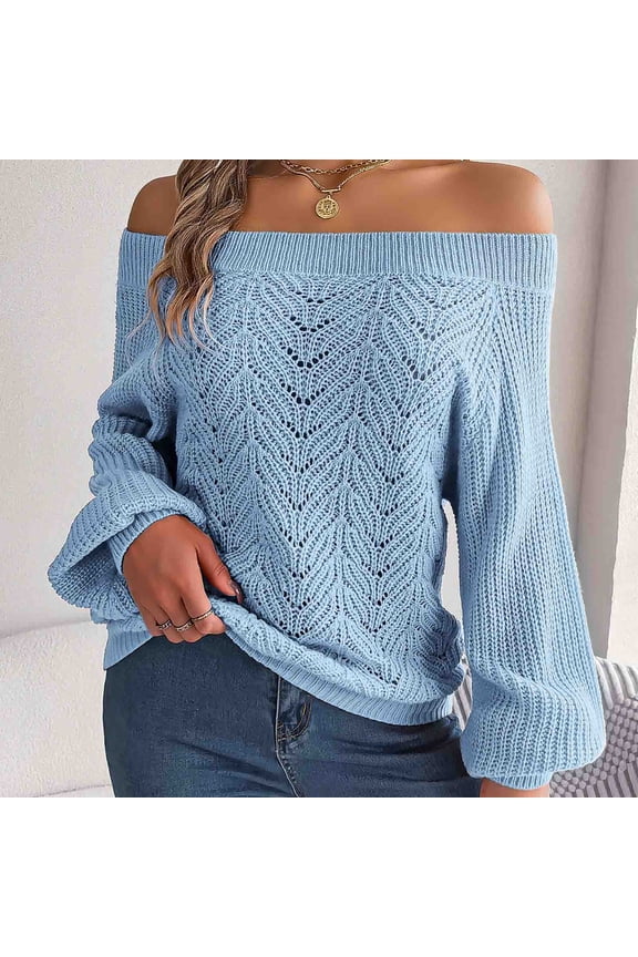 2024 New Product Clearance! Blouses for Women,Women's Solid Hollow Out One Line Neck Off Shoulder Lantern Sleeve Sweater - Blue L