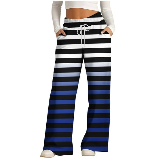 WFJCJPAF 2024 New Product Clearance! Capri Pants for Women with Drawstring And Pockets,Women's Fashionable Striped Printed Drawstring Wide Leg Pants - Blue XL