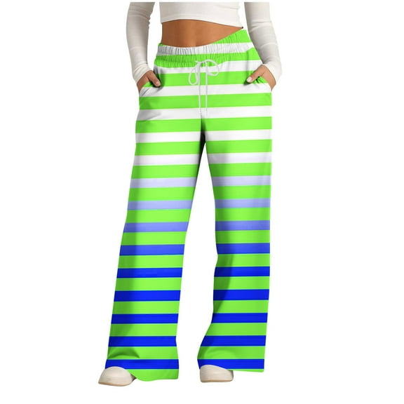 WFJCJPAF 2025 New Product Capri Pants for Women with Drawstring And Pockets,Women's Fashionable Striped Printed Drawstring Wide Leg Pants - Green L