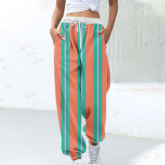 WFJCJPAF 2025 New Product Capri Pants for Women Plus Size,Women Fashion Color Blocked Printed Drawstring Pants - Orange L