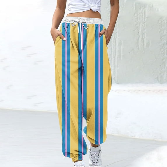 WFJCJPAF 2025 New Product Capri Pants for Women Plus Size,Women Fashion Color Blocked Printed Drawstring Pants - Yellow M