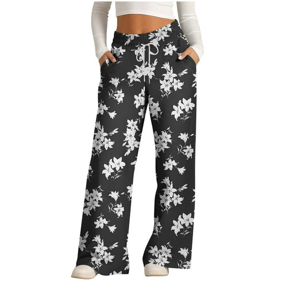 WFJCJPAF 2025 New Product Capri Pants for Women with Pockets,Women's Fashionable Striped Printed Drawstring Wide Leg Pants - Black L