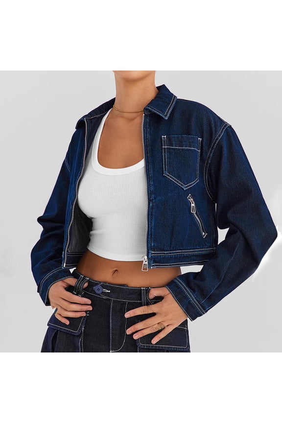 2024 New Product Clearance! Denim Jackets for Women Plus Size,Women's Fashion Solid Color Pockets Zipper Hoodless Denim Outwear Jackets - Blue XL