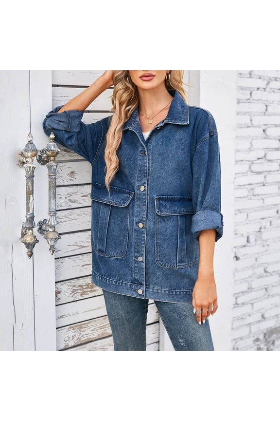2024 New Product Clearance! Denim Jackets for Women Stretch,Women's Fashion Color Lapel Look Slimmer Sleeve Denim Jacket - Blue XL