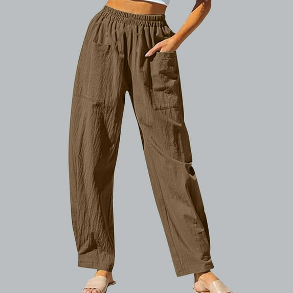WFJCJPAF 2025 New Product Dress Pants for Women,Women Imitation Cotton And Linen Solid Color Drawstring Elastic Waistband Pocket Pants - Brown XXL