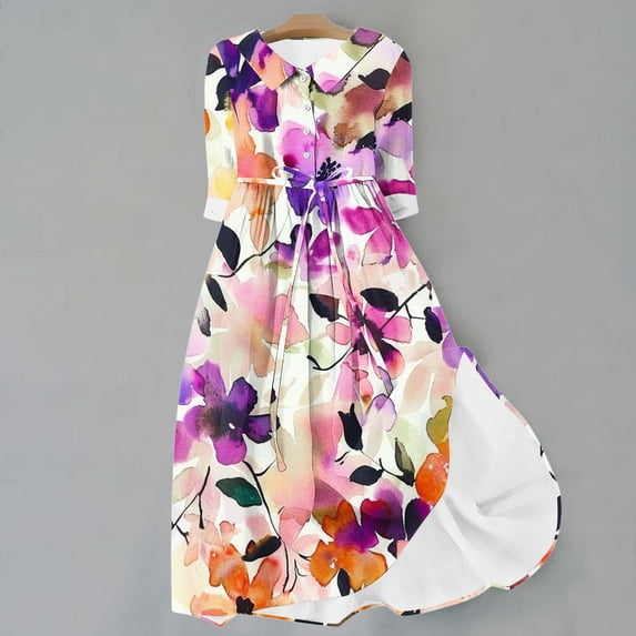 WFJCJPAF 2025 New Product Dresses for Women under $10 Size Xl,Women's Summer Printed Fashion Three-Quarter Sleeve Turndown Collar Dress - Purple S