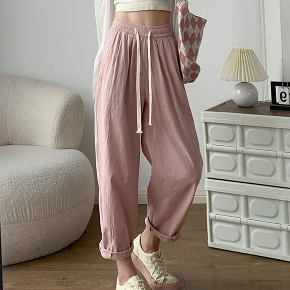 WFJCJPAF 2024 New Product Clearance! Khaki Pants for Women Bootcut,Women's Solid Color Loose Straight Leg WideCotton And Linen Pants Long Pants - Pink S