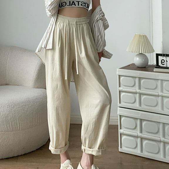 WFJCJPAF 2025 New Product Khaki Pants for Women Bootcut,Women's Solid Color Loose Straight Leg WideCotton And Linen Pants Long Pants - Beige L