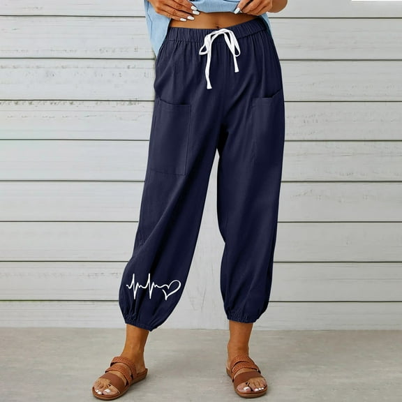 WFJCJPAF 2025 New Product Khaki Pants for Women Dickies,Women's Fashion Casual Printed Pants Comfortable And Breathable High Waist Drawstring Pocket Pants - Navy M