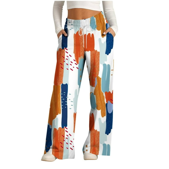 WFJCJPAF 2025 New Product Khaki Pants for Women Plus Size,Women's Fashionable Striped Printed Drawstring Wide Leg Pants - Orange XXXL