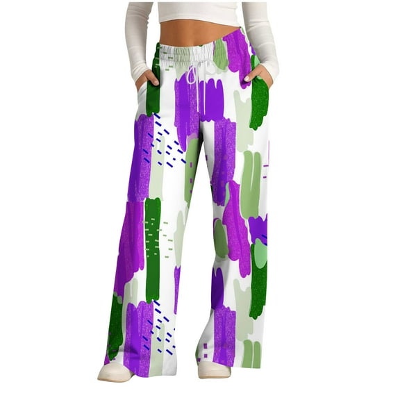 WFJCJPAF 2025 New Product Khaki Pants for Women Plus Size,Women's Fashionable Striped Printed Drawstring Wide Leg Pants - Purple S
