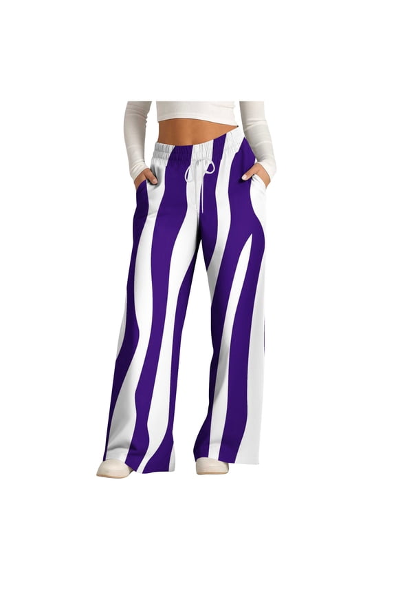 2026 New Product Khaki Pants for Women Uniform,Women's Fashionable Striped Printed Drawstring Wide Leg Pants - Purple M