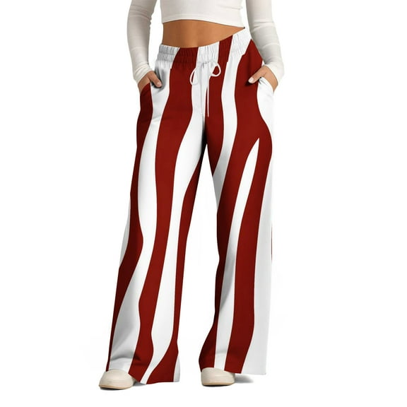 WFJCJPAF 2025 New Product Khaki Pants for Women Uniform,Women's Fashionable Striped Printed Drawstring Wide Leg Pants - Red L