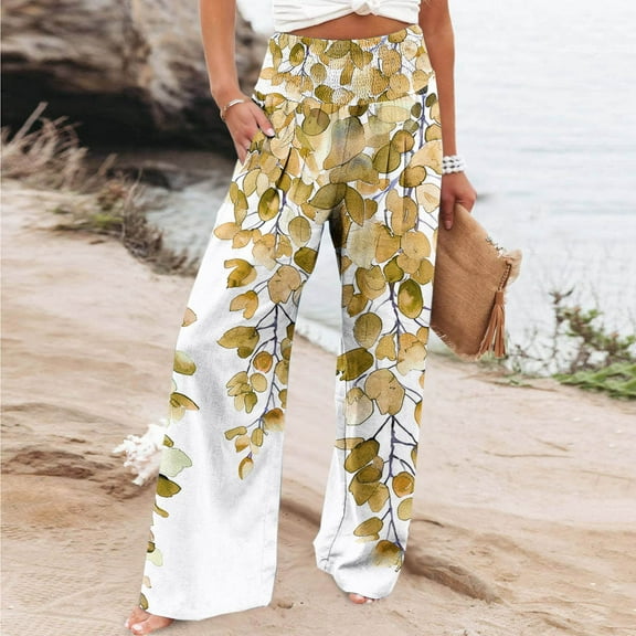 WFJCJPAF 2025 New Product Khaki Pants for Women,Women Casual Comfortable Printing Pockets Elastic Waist Straight Loose Pants - Yellow L