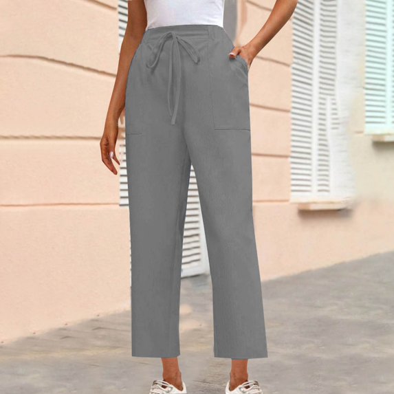 WFJCJPAF 2025 New Product Pants for Women Plus Size 4X,Women's Fashion Drawstring Casual Solid Color Micro-Stretch Pocket Loose Pants - Gray XL