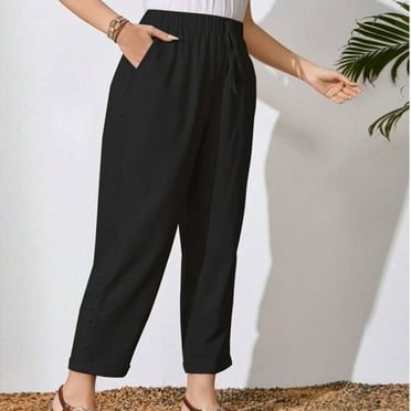 WFJCJPAF 2024 New Product Clearance！ Pants for Women Plus Size Stretch Two Pairs,Women's Fashion Rope Casual Large Size Solid Color Micro-Stretch Pocket Loose Pants - Black S