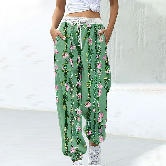 WFJCJPAF 2025 New Product Pants for Women Plus Size 4X,Women Fashion Color Blocked Printed Drawstring Pants - Army Green M