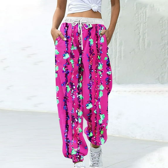 WFJCJPAF 2025 New Product Pants for Women Plus Size 4X,Women Fashion Color Blocked Printed Drawstring Pants - Hot Pink XL