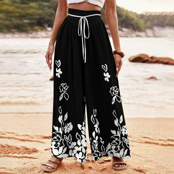 WFJCJPAF 2025 New Product Pants for Women Plus Size 4X,Women's Fashionable Striped Printed Drawstring Wide Leg Pants - Black M