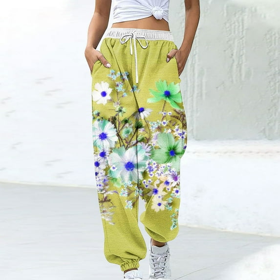 WFJCJPAF 2025 New Product Pants for Women Plus Size Size 3X,Women Fashion Color Blocked Printed Drawstring Pants - Yellow XL