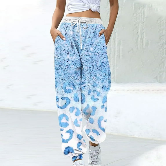 WFJCJPAF 2025 New Product Pants for Women Plus Size Stretch,Women Fashion Color Blocked Printed Drawstring Pants - Sky Blue XL
