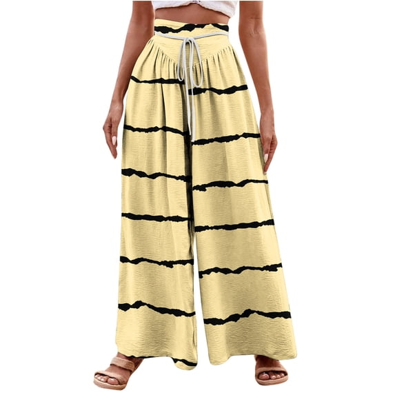 WFJCJPAF 2025 New Product Pants for Women Plus Size Stretch,Women's Fashionable Striped Printed Drawstring Wide Leg Pants - Beige XL