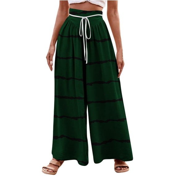 WFJCJPAF 2025 New Product Pants for Women Plus Size Stretch,Women's Fashionable Striped Printed Drawstring Wide Leg Pants - Green XXL