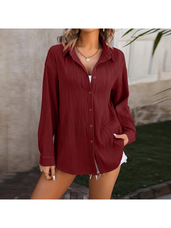 2025 New Product Plus Size Tops,Women's Casual Fashion Solid Color Button Long Sleeve Lapel Shirt Tops - Red S