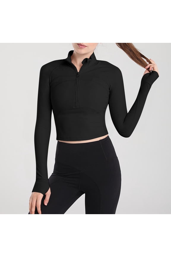 2025 New Product Sexy Blouses for Women under $5,Womens Half Zip Tight Elastic Quick Drying T Shirt Sports Long Sleeved Womens Long Sleeved Standing Collar Top Shirt - Black S