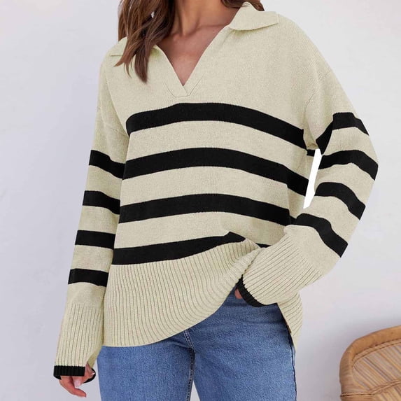 WFJCJPAF 2025 New Product Sexy Blouses for Women with Cleavage,Women's Casual Versatile Lapel Loose Striped Knitted Long Sleeved Sweater Top - Beige S