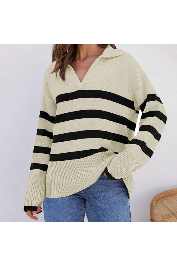 2025 New Product Sexy Blouses for Women with Cleavage,Women's Casual Versatile Lapel Loose Striped Knitted Long Sleeved Sweater Top - Beige XXL