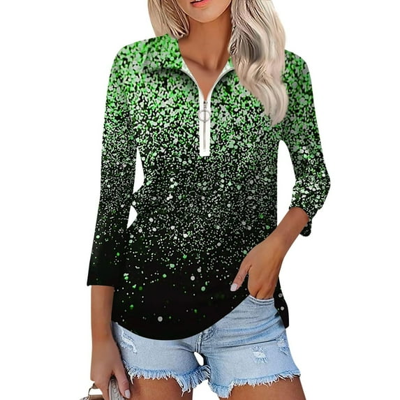 WFJCJPAF 2025 New Product Sexy Blouses for Women with Cleavage,Women's Fashion Printed T-shirt 3/4 Sleeves Blouse Turndown Collar Casual Tops - Green XXXL