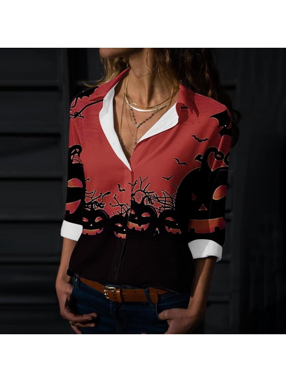 2025 New Product Sexy Blouses for Women with Cleavage,Women's Hallowmas Printed Casual Button Shirt Long Sleeved Turndown Collar Blouse - Red S