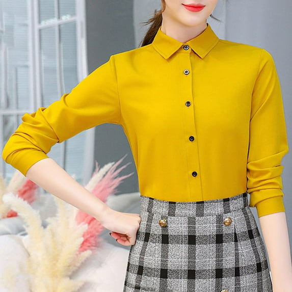 WFJCJPAF 2025 New Product Sexy Blouses for Women with Cleavage,Women's Solid Color Casual Slim Bottom Fashionable Shirt With Long Sleeves - Yellow XL