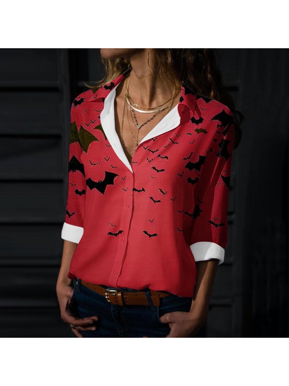 2025 New Product Sexy Blouses for Women Date Night,Women's Hallowmas Printed Casual Button Shirt Long Sleeved Turndown Collar Blouse - Red L