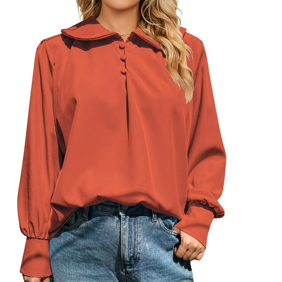 WFJCJPAF 2025 New Product Sexy Blouses for Women Plus Size,Women's Fashion Button Solid Color Comfortable Loose Long Sleeves Blouse Casual Tops - Orange M