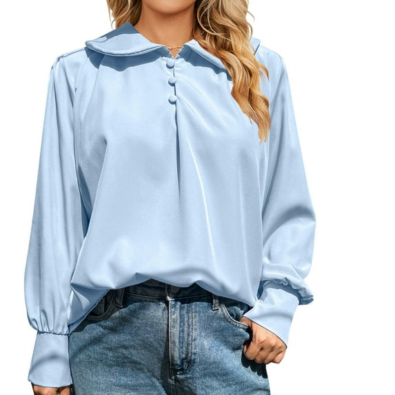 WFJCJPAF 2025 New Product Sexy Blouses for Women Plus Size,Women's Fashion Button Solid Color Comfortable Loose Long Sleeves Blouse Casual Tops - Light Blue S