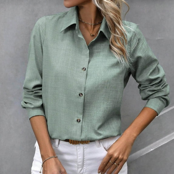 WFJCJPAF 2025 New Product Summer Blouses for Women,Fashion Women's Casual Solid Color Blouses Button Long Sleeved Turndown Collar Top - Mint Green L