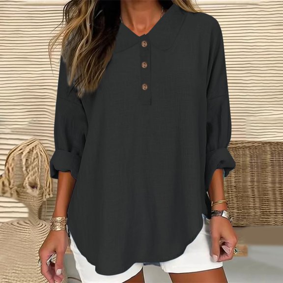WFJCJPAF 2025 New Product Swim Tops for Women,Womens Color Casual Loose Fashion T-Shirt Long Sleeves Button Tops Cotton And Linen Blouse - Black S