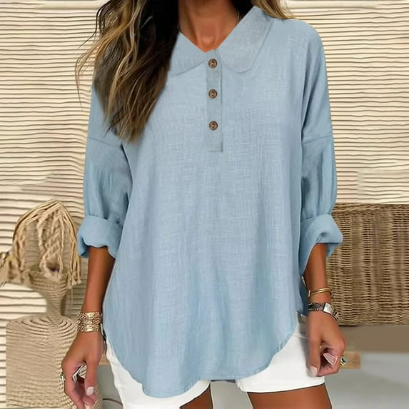 WFJCJPAF 2025 New Product Swim Tops for Women,Womens Color Casual Loose Fashion T-Shirt Long Sleeves Button Tops Cotton And Linen Blouse - Light Blue XXL