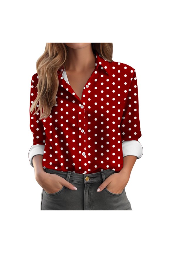 2025 New Product Tank Tops for Women under $5,Women's Long Sleeved Regular Casual Orange Series Printed Lapel Button Up Shirt - Wine S