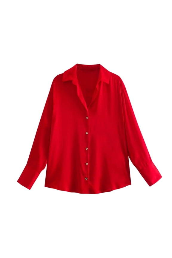 2025 New Product Tops for Women Plus Size 22,Womens Solid Color Lapel Top Long Sleeved Shirt Top Women's Long Sleeved Lapel Top - Red S