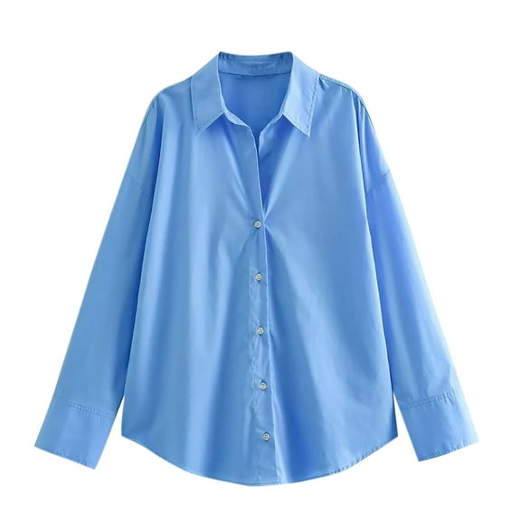 WFJCJPAF 2025 New Product Tops for Women Plus Size 3/4 Sleeves,Women's Solid Color Lapel Top Long Sleeved Shirt Top Women's Long Sleeved Lapel Top - Blue M