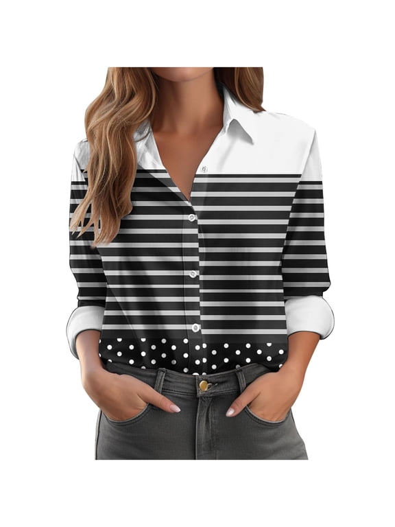 2024 New Product Clearance! Tops for Women Plus Size Walmart,Women's Long Sleeved Regular Casual Orange Series Printed Lapel Button Up Shirt - Black M