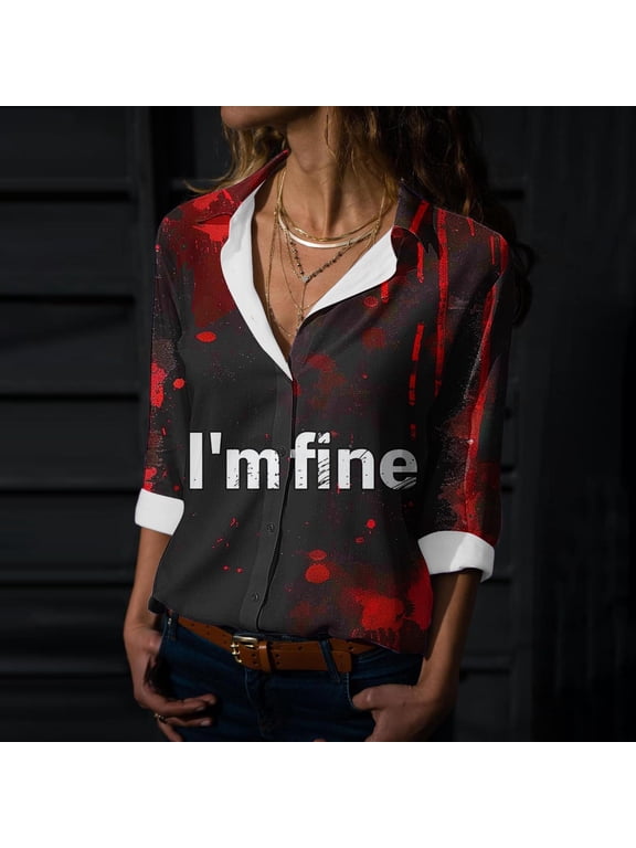 2025 New Product Tops for Women Plus Size,Women's Hallowmas Printed Casual Button Shirt Long Sleeved Turndown Collar Blouse - Red S