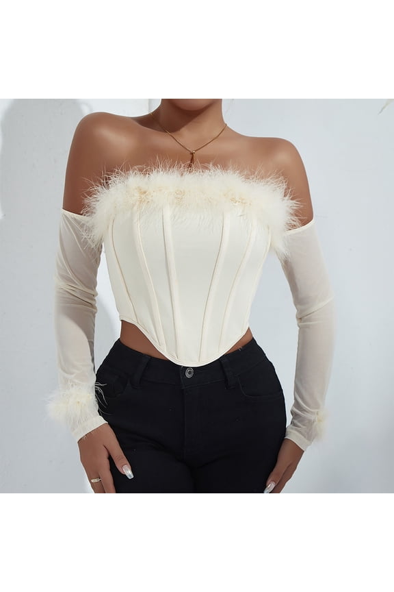 2025 New Product Tops for Women,Women Feather Splicing Fashion Solid Casual Long Sleevele Loose Street Tops V-Neck Camisoles - White L