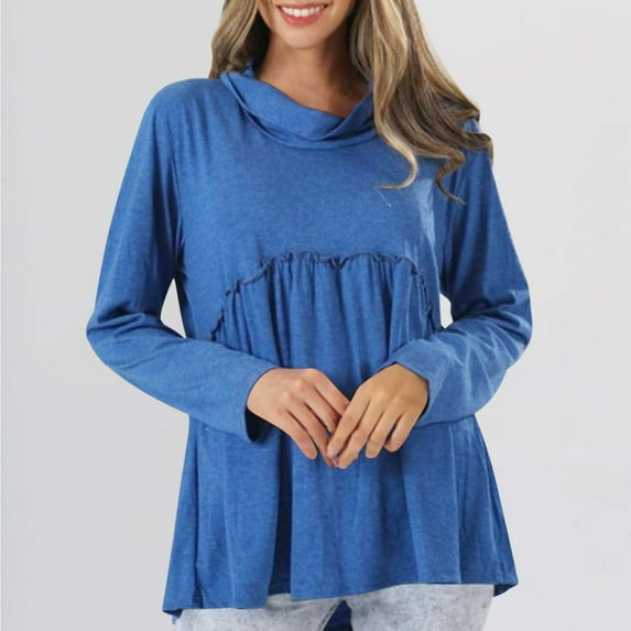 WFJCJPAF 2025 New Product Tops for Women Plus Size Linen,Fashion Women's Long Sleeves High Neck Top Blouse - Blue L