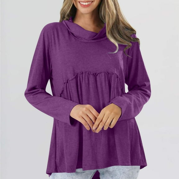 WFJCJPAF 2025 New Product Tops for Women Plus Size Linen,Fashion Women's Long Sleeves High Neck Top Blouse - Purple S