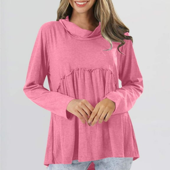 WFJCJPAF 2025 New Product Tops for Women Plus Size Linen,Fashion Women's Long Sleeves High Neck Top Blouse - Watermelon Red S